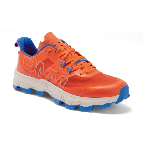 Front three-quarter view of the OMM Fell Shoe in orange and grey